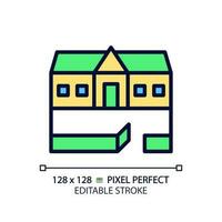 Ranch house pixel perfect RGB color icon. Single story building. Architecture style. Home facade. Farmland. Real estate. Isolated vector illustration. Simple filled line drawing. Editable stroke