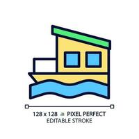 Houseboat pixel perfect RGB color icon. Float house. Moored building in lake, river. Modern property. Real estate. Isolated vector illustration. Simple filled line drawing. Editable stroke