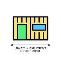 Container house pixel perfect RGB color icon. Affordable property. Eco-friendly housing. Recycled shipping container. Isolated vector illustration. Simple filled line drawing. Editable stroke