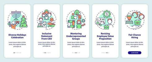 DEI initiatives for workplace onboarding mobile app screen. Inclusion walkthrough 5 steps editable graphic instructions with linear concepts. UI, UX, GUI template vector