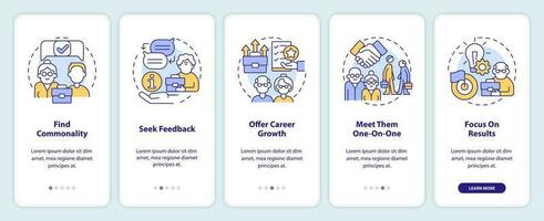 Younger managers and older employees tips onboarding mobile app screen. Walkthrough 5 steps editable graphic instructions with linear concepts. UI, UX, GUI template vector