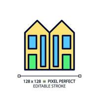 Duplex pixel perfect RGB color icon. Two dwelling units. Attached houses. Neighborhood. Real estate. Multifalmily home. Isolated vector illustration. Simple filled line drawing. Editable stroke