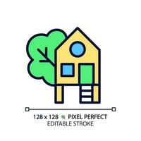 Treehouse pixel perfect RGB color icon. Building constructed on tree. Forest house for recreation. Real estate. Home for kid. Isolated vector illustration. Simple filled line drawing. Editable stroke