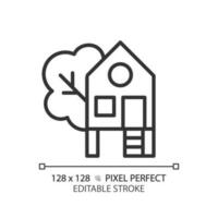 Treehouse pixel perfect linear icon. Building constructed on tree. Forest house for recreation. Real estate. Thin line illustration. Contour symbol. Vector outline drawing. Editable stroke