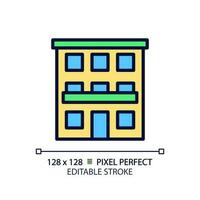 Condominium pixel perfect RGB color icon. Community ownership. Apartments complex. Urban building. Building facade. Isolated vector illustration. Simple filled line drawing. Editable stroke