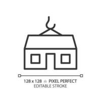 Modular home pixel perfect linear icon. Prefabricated house. Movable compact building. Property purchase. Real estate. Thin line illustration. Contour symbol. Vector outline drawing. Editable stroke