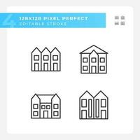 Luxury houses pixel perfect linear icons set. Townhouse and mansion. Single family detached home. Customizable thin line symbols. Isolated vector outline illustrations. Editable stroke