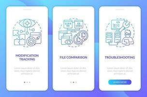 Version control benefits blue gradient onboarding mobile app screen. Coding walkthrough 3 steps graphic instructions with linear concepts. UI, UX, GUI templated vector