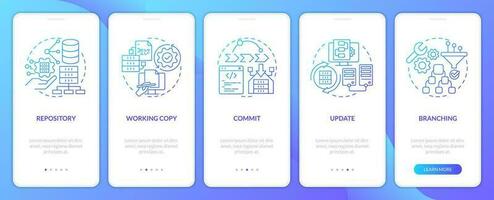 Source control concepts blue gradient onboarding mobile app screen. Code walkthrough 5 steps graphic instructions with linear concepts. UI, UX, GUI templated vector