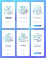 Version control system blue gradient onboarding mobile app screens set. Walkthrough 3 steps graphic instructions with linear concepts. UI, UX, GUI templated vector