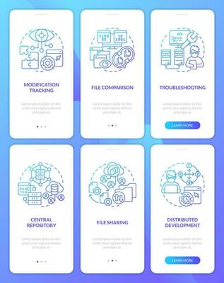 Version control system blue gradient onboarding mobile app screens set. Walkthrough 3 steps graphic instructions with linear concepts. UI, UX, GUI templated