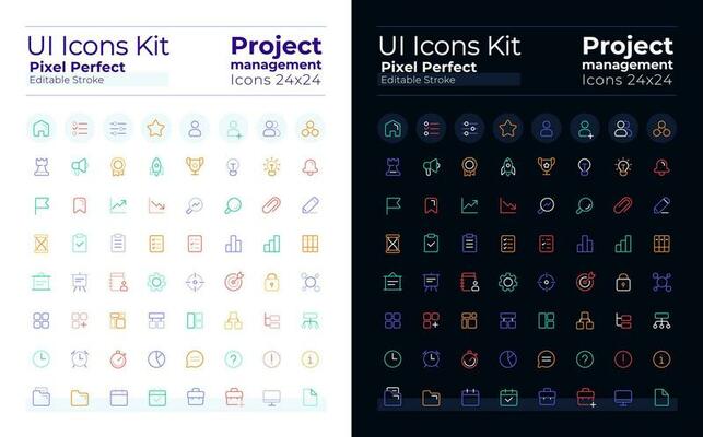 Project management pixel perfect color linear ui icons set for dark, light mode. Business plan. Outline isolated user interface elements collection. Editable stroke