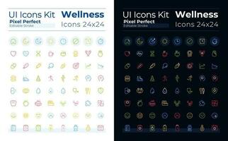 Health and fitness pixel perfect color linear ui icons set for dark, light mode. Workout. Outline isolated user interface elements collection. Editable stroke vector