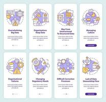 Data regulations challenges onboarding mobile app screen set. Walkthrough 4 steps editable graphic instructions with linear concepts. UI, UX, GUI templated vector