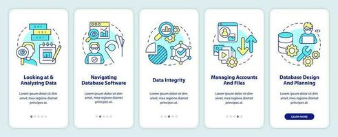 Data management skills onboarding mobile app screen. Analytics expert walkthrough 5 steps editable graphic instructions with linear concepts. UI, UX, GUI templated vector