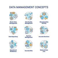 Data management concept icons set. Information governance system. Business intelligence idea thin line color illustrations. Isolated symbols. Editable stroke vector