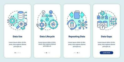 Data management strategy onboarding mobile app screen. Regulate walkthrough 4 steps editable graphic instructions with linear concepts. UI, UX, GUI templated vector