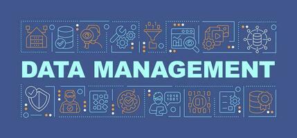 Data management word concepts dark blue banner. Information governance. Infographics with editable icons on color background. Isolated typography. Vector illustration with text