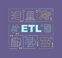 ETL word concepts violet banner. Database process. Information storage. Infographics with editable icons on color background. Isolated typography. Vector illustration with text