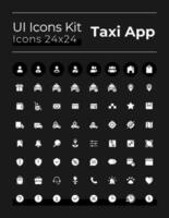 Taxi service white glyph ui icons set for dark mode. Silhouette symbols on black background. Solid pictograms for web, mobile. Vector isolated illustrations