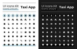 Taxi service glyph ui icons set for dark, light mode. Urban transport. Silhouette symbols for night, day themes. Solid pictograms. Vector isolated illustrations