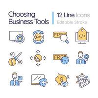 Choosing business tools RGB color icons set. Test usage period. Corporate software. Isolated vector illustrations. Simple filled line drawings collection. Editable stroke