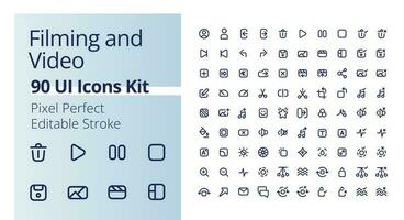 Video production pixel perfect linear ui icons kit. Filmmaking software. Footage settings. Movie editing tools. Motion picture. Outline isolated user interface elements. Editable stroke vector