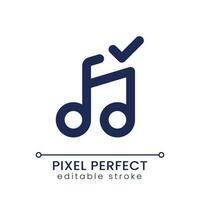 Confirmed music pixel perfect linear ui icon. Add song to video. Approved audio track. Movie editing software. GUI, UX design. Outline isolated user interface element for app and web. Editable stroke vector