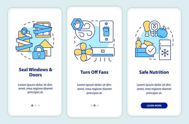 Actions at home during nuclear disaster onboarding mobile app screen. Walkthrough 3 steps editable graphic instructions with linear concepts. UI, UX, GUI templated