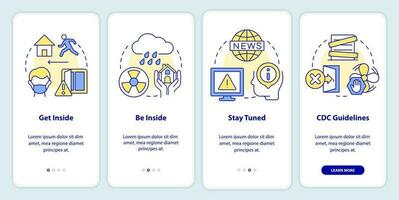 Survive during nuclear explosion onboarding mobile app screen. Safety walkthrough 4 steps editable graphic instructions with linear concepts. UI, UX, GUI templated vector