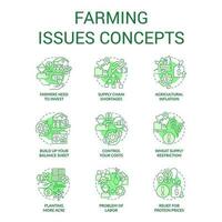 Farming drawbacks concept icons set. Agriculture issue. Problems farmers face idea thin line color illustrations. Isolated symbols. Editable stroke vector