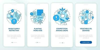 Agriculture challenges blue onboarding mobile app screen. Walkthrough 4 steps editable graphic instructions with linear concepts. UI, UX, GUI templated vector