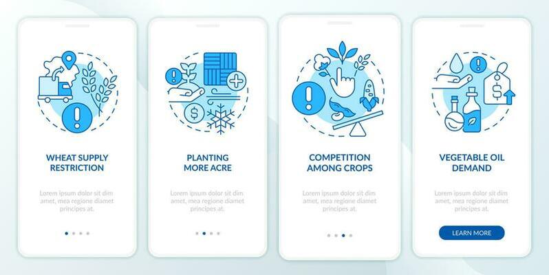 Agriculture challenges blue onboarding mobile app screen. Walkthrough 4 steps editable graphic instructions with linear concepts. UI, UX, GUI templated