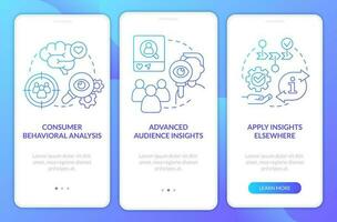Clients behavior analysis blue gradient onboarding mobile app screen. Walkthrough 3 steps graphic instructions with linear concepts. UI, UX, GUI templated vector