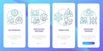 High turnaround tactics blue gradient onboarding mobile app screen. Engagement walkthrough 4 steps graphic instructions with linear concepts. UI, UX, GUI templated vector