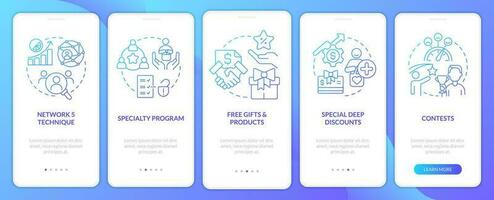 Marketing tricks blue gradient onboarding mobile app screen. Brand loyalty walkthrough 5 steps graphic instructions with linear concepts. UI, UX, GUI templated vector