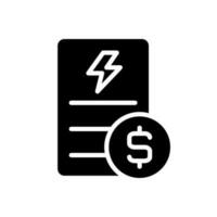 Electricity bill black glyph icon. Public utility service payment. Debt for utilities usage. Invoice information. Silhouette symbol on white space. Solid pictogram. Vector isolated illustration