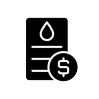 Water bill black glyph icon. Public utility service payment. Debt for utilities usage. Invoice information. Silhouette symbol on white space. Solid pictogram. Vector isolated illustration