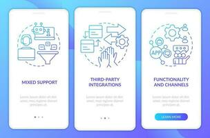 Clients engagement platform features blue gradient onboarding mobile app screen. Walkthrough 3 steps graphic instructions with linear concept. UI, UX, GUI templated vector