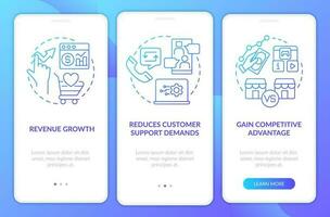 Customer engagement platform importance blue gradient onboarding mobile app screen. Walkthrough 3 steps instructions with linear concepts. UI, UX, GUI templated vector