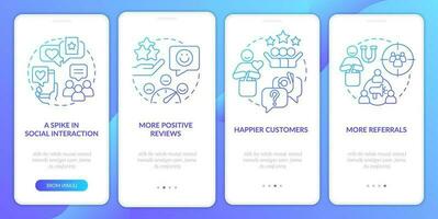 Tracking customer engagement blue gradient onboarding mobile app screen. Walkthrough 4 steps graphic instructions with linear concepts. UI, UX, GUI templated vector