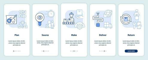 Supply chain management parts light blue onboarding mobile app screen. Walkthrough 5 steps editable graphic instructions with linear concepts. UI, UX, GUI templated vector