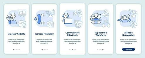 Covid impact on logistics light blue onboarding mobile app screen. Walkthrough 5 steps editable graphic instructions with linear concepts. UI, UX, GUI templated vector