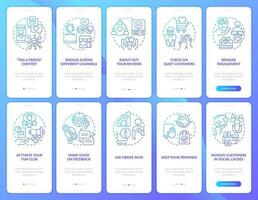 Digital customer engagement blue gradient onboarding mobile app screen set. Walkthrough 5 steps graphic instructions with linear concepts. UI, UX, GUI templated vector