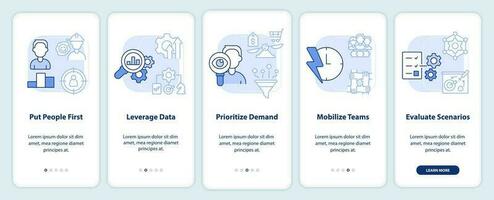 Supply chain priorities light blue onboarding mobile app screen. Walkthrough 5 steps editable graphic instructions with linear concepts. UI, UX, GUI templated vector