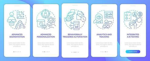 Customer engagement platform features blue gradient onboarding mobile app screen. Walkthrough 5 steps instructions with linear concepts. UI, UX, GUI templated vector