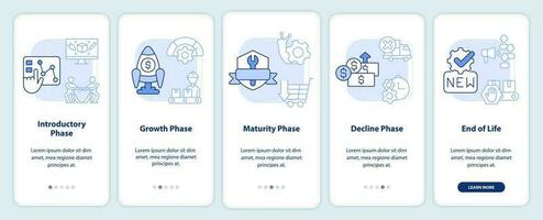 Stages of product lifecycle light blue onboarding mobile app screen. Walkthrough 5 steps editable graphic instructions with linear concepts. UI, UX, GUI templated vector