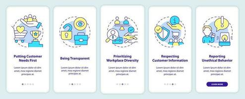 Examples of ethical behavior onboarding mobile app screen. Diversity walkthrough 5 steps editable graphic instructions with linear concepts. UI, UX, GUI templated vector