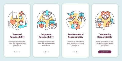 Social responsibilities onboarding mobile app screen. Environmental walkthrough 4 steps editable graphic instructions with linear concepts. UI, UX, GUI templated vector