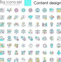 Content design RGB color icons set. Creating materials for business promotion. Isolated vector illustrations. Simple filled line drawings collection. Editable stroke